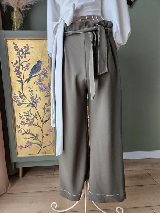 Spodnie damskie szerokie nogawki khaki wide leg M / L elegant chic