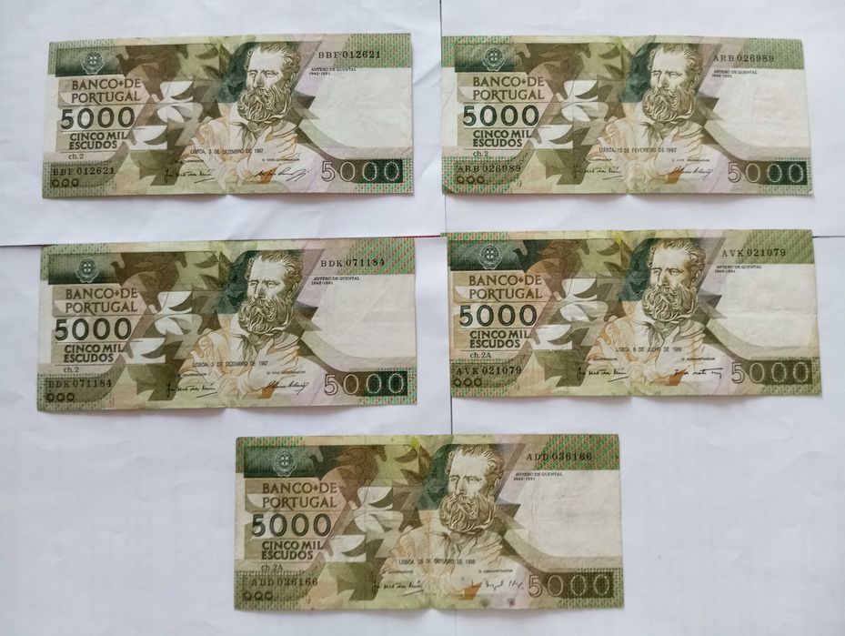 Notas de 5000 escudos - Lote de 5 por 100 euros