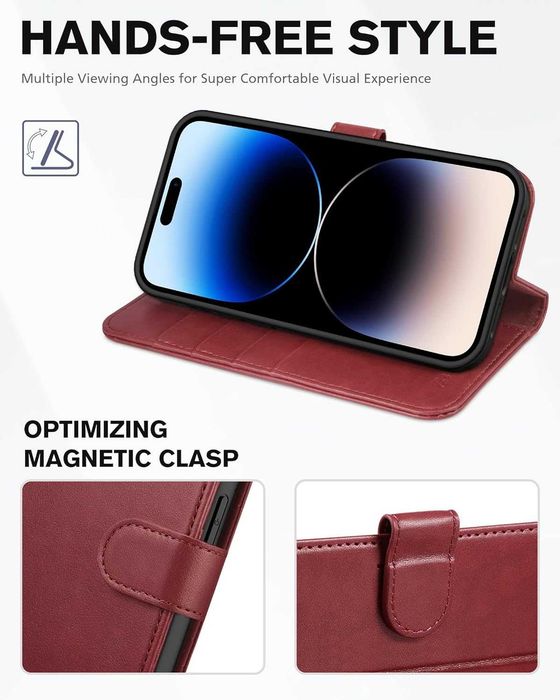 TUCCH iPhone 14 Pro etui skórzane magnetyczne Portfel RFID  czerowne