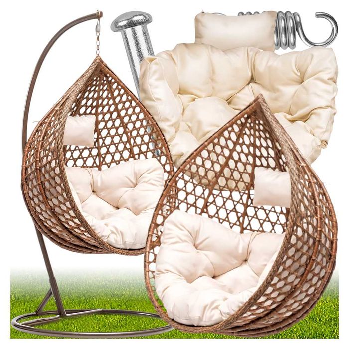 FOTEL WISZĄCY ogrodowy bujany kosz kokon Brązowy GRUBY SPLOT Premium