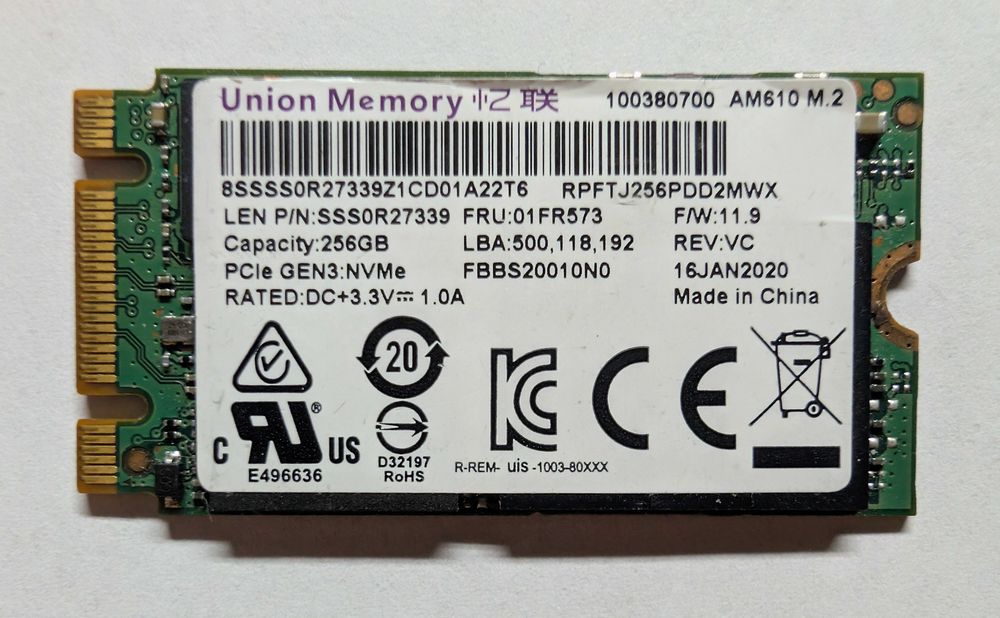 Dysk SSD Union Memory AM610 256GB NVMe SSD m.2 2242 PCI-e Gen3 x2 odczyt:1750 zapis:900  B+M