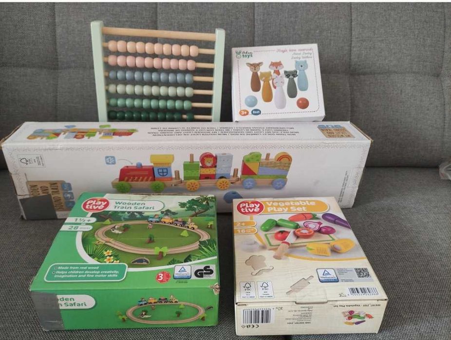 Zabawki drewniane zestaw pociąg kręgle warzywa liczydło