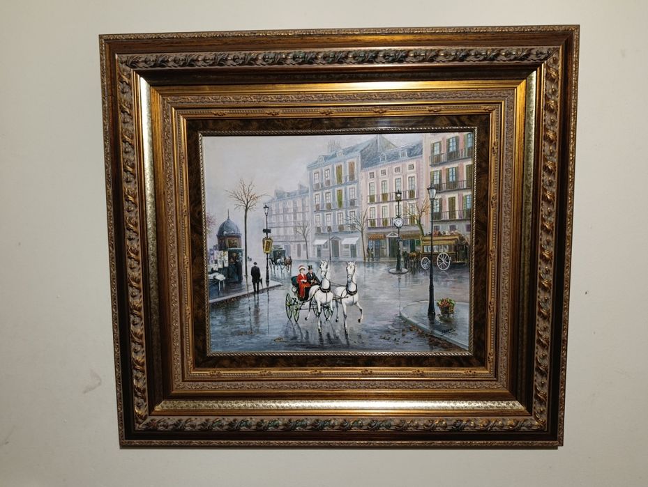 Par de pinturas a óleo sobre tela – ruas parisienses,  Belle Époque