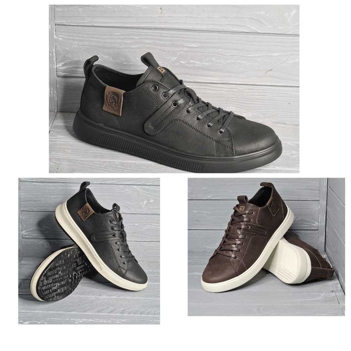 40-48рр!!! Кожаные мужские черные коричневые базовые кроссовки / кеды!