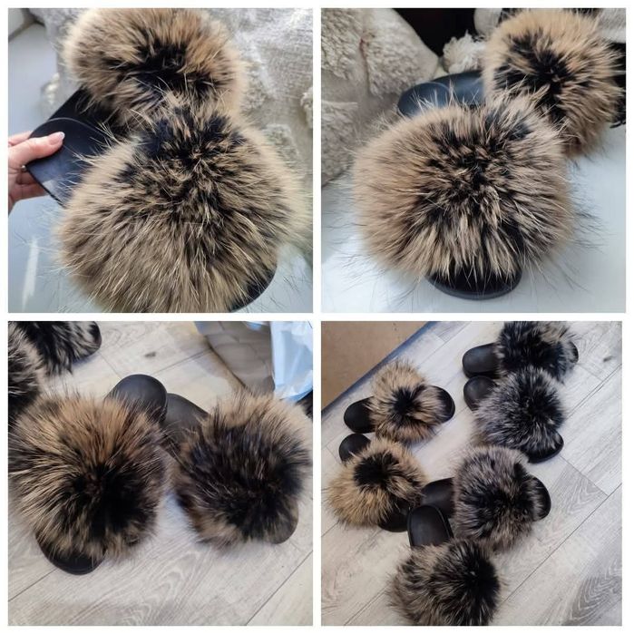 Piękne klapki z naturalnym futerkiem jenot czarne