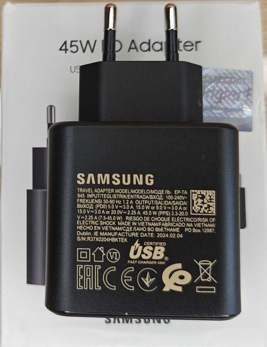 Зарядное Samsung 45 Вт + кабель 5 А, оригинальный комплект.