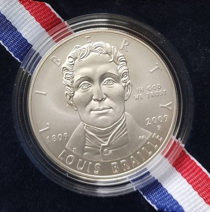 США 1 долар 2009р. " Луї Брайль" СРІБЛО. Сертифікат.
