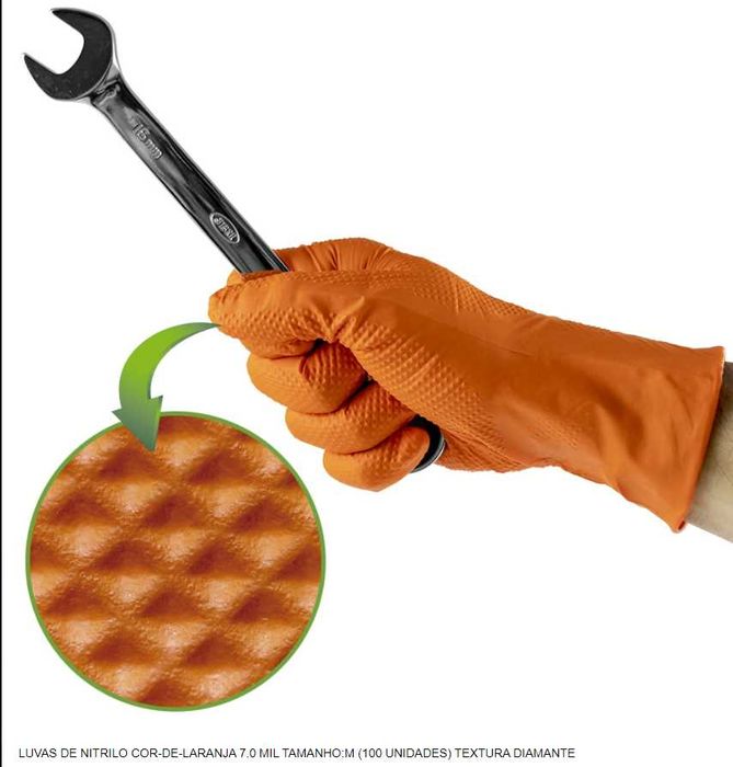 LUVAS DE NITRILO TEXTURADAS COR-DE-LARANJA M/L/XL (100/90UND UNIDADES)