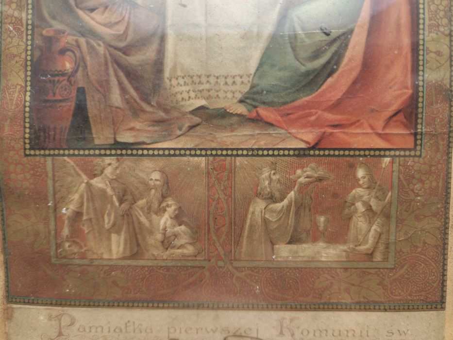 Antyczny, stary obraz religijny pamiątka z Pierwszej Komunii z 1906r.