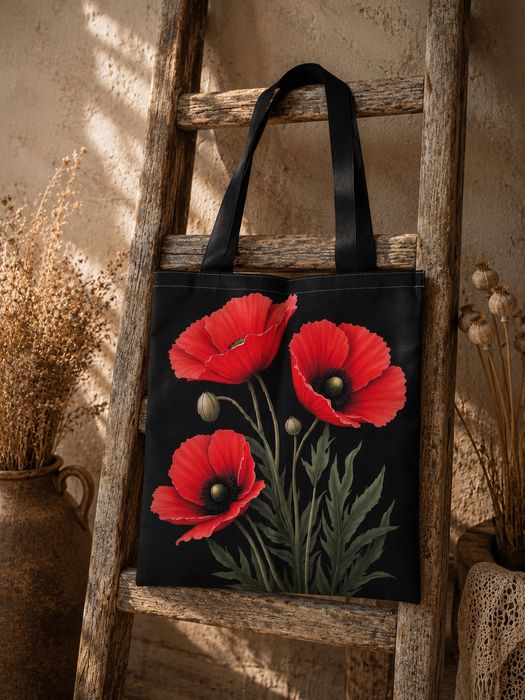 Czarna torba shopper z makami | duża torba na zakupy | folk boho