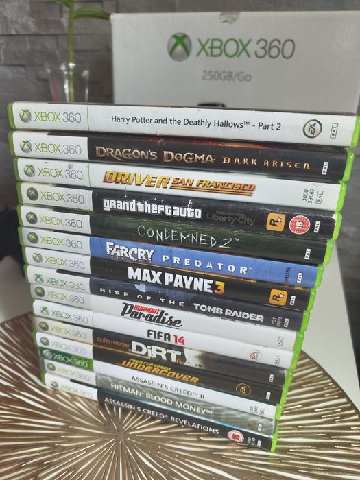Xbox 360 Zestaw 15 gier - Harry Potter Insygnia Śmierci, Condemned 2, Tomb Raider, Far Cry Instincts Predator, Driver, GTA, Dirt, Max Payne I Inne