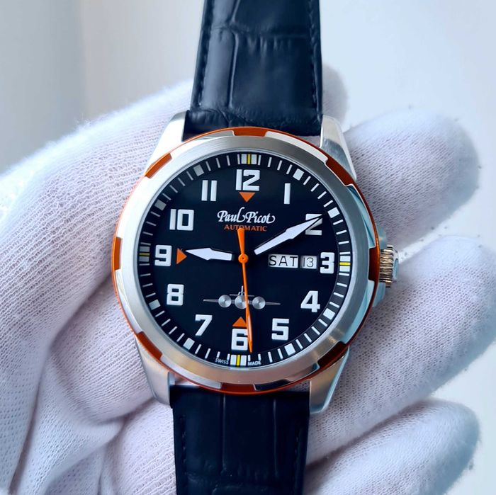 Чоловічий годинник Paul Picot Pilot 42mm Black-Orange Automatic новий