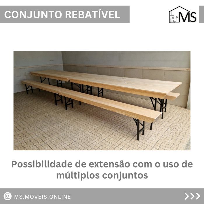 Conjunto mesa e bancos rebatíveis em pinho