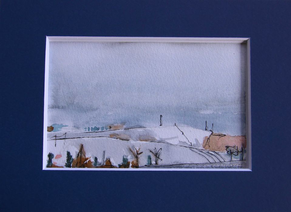 Akwarela z zimowym widokiem z passe-partout