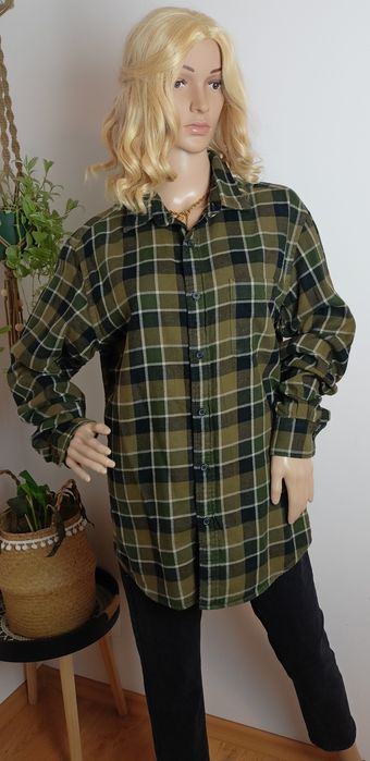 Flanelowa koszula Uniqlo L ciemnozielona krata unisex  bawełna