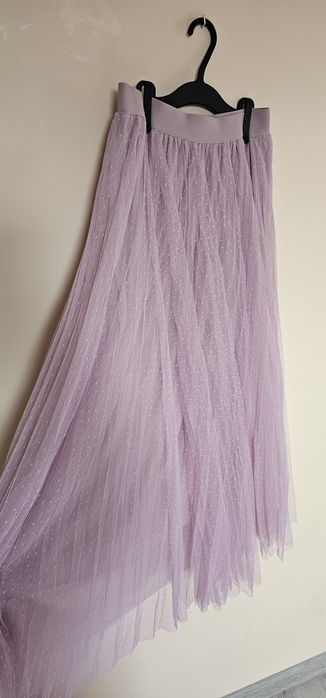 Tiulowa spódnica maxi S pudrowy róż w kropeczki