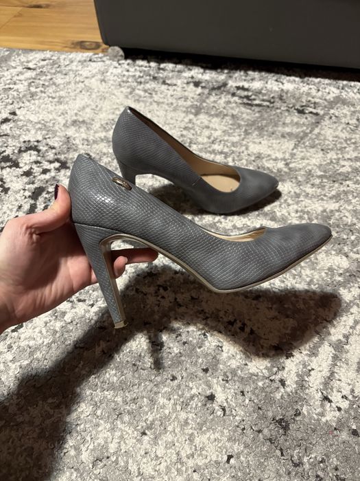 Szare buty na obcasie szpilki pantofle damskie 40