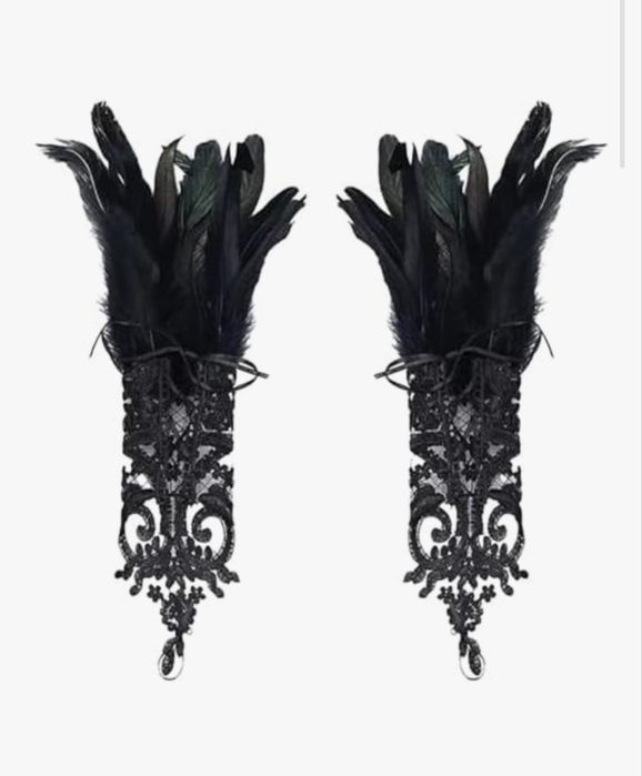 GOTHIC gloves, nowe rękawiczki, czarna koronka, czarne pióra, 37 cm dł.