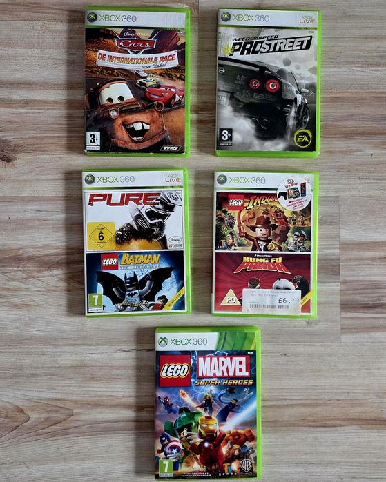 7x Gry Xbox 360 Cars NFS Prostreet Pure Batman Indiana J Marvel Kung F