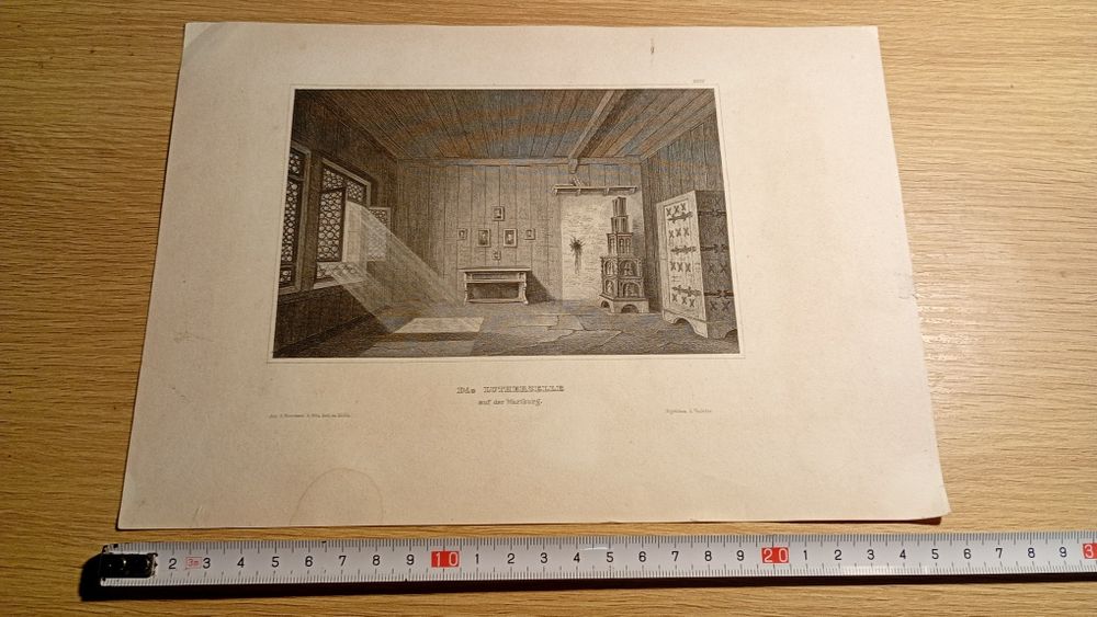 Rycina 1850 r.Pokój Marcina Lutra w Wartburgu.