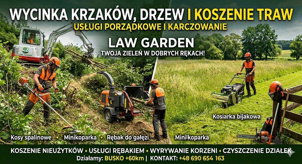 Wycinka drzew, Karczowanie zarośli, Rębak do gałęzi, Koszenie traw