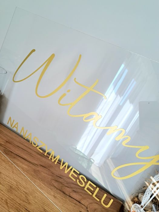 Tablica powitalna tablica ślubna Pleksi plexi przezroczysta złoty napi