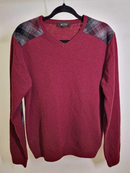 Sweter meski w serek Bytom z  naszywkami L 80% wełna bordowy elegancki
