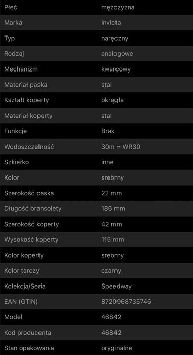 Invicta Speedway 46842 Kwarc zegarek Męski 42mm