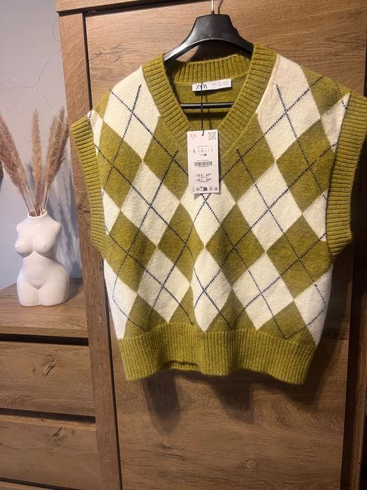 Sweterkowa kamizelka Zara L, kamizelka retro w romby