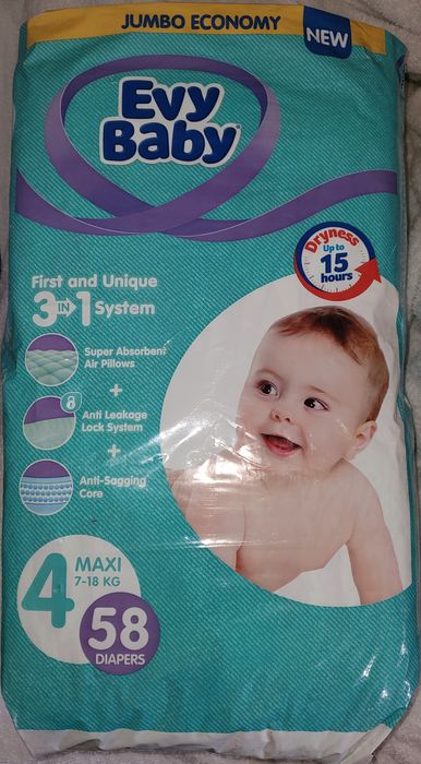 Підгузки Evy Baby Maxi Jumbo Розмір 4 (7-18 кг) 58 шт.