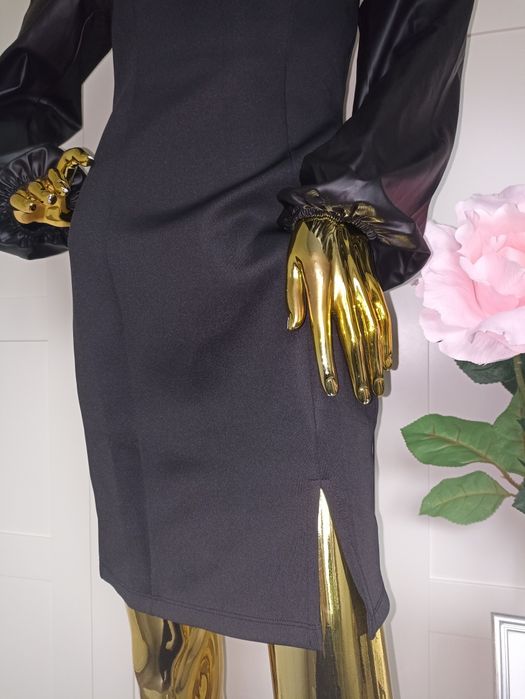 Nowa klasyczna mała czarna sukienka długie rękawy z Eco skóry R.36/38