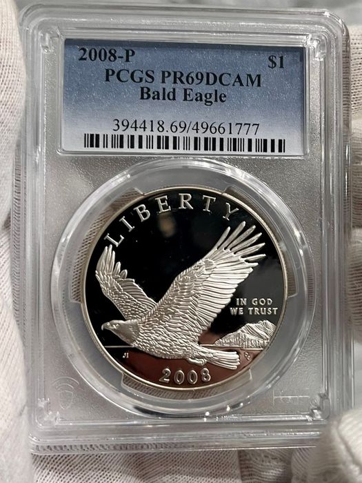 Долар 2008р. Р. США  Білоголовий орлан. СРІБЛО. ПРУФ Слаб PCGS, PR69