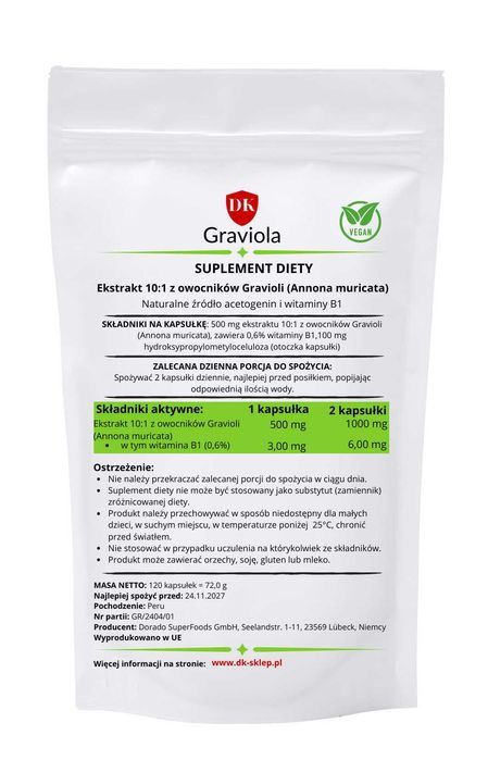 Graviola 120 kaps 500 mg ekstrakt 10:1 Annona Muricata