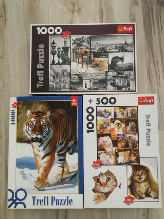 Zestaw x3 puzzle Trefl 1000 Paryż kolaż, Koty 1000 + 500, Tygrys 1000