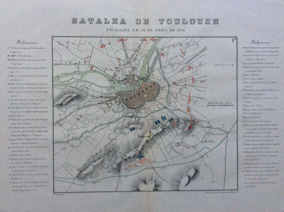 Tema. Guerra Peninsular. Mapa militar litográfico do século XIX, original da época. Batalha de Toulouse. Raro