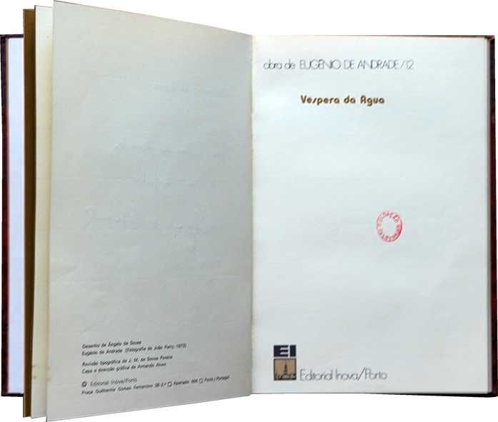 Livro Véspera da Água - Eugénio de Andrade (1ª Ed. 1973) C/ DEDICATÓRIA