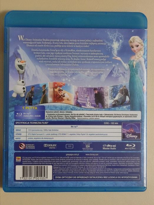 Kraina Lodu płyta Blu-Ray Frozen Disney
Stan bardzo dobry, raz obejrza