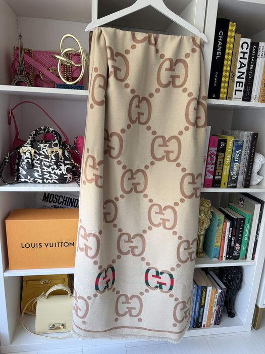 Duży szalik Gucci monogram szal dwustronny beżowy premium