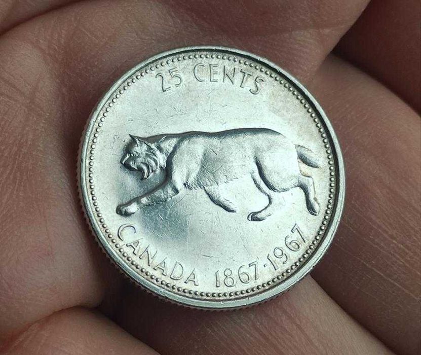 25 центов Монета Серебро 1967г Канадская Рысь,королева Елизавета fr639