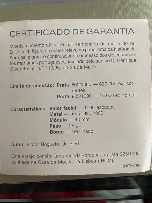 Moeda comemorativa 500 anos do Rei D. João II - 1000 escudos,
