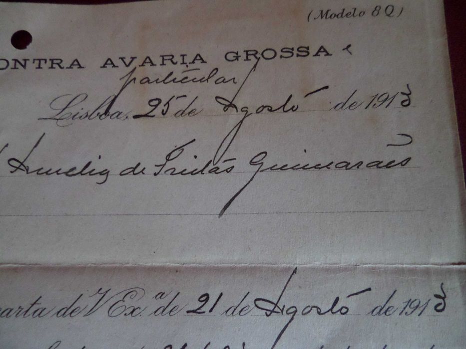 Documento antigo Recibo Seguros Fidelidade  1913