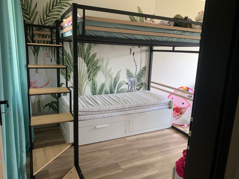 Łóżko antresola schody 140x200cm czarny metal + mdf JOGUI