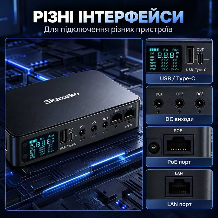 Skazeke Mini UPS 18000 мА·год — джерело безперебійного живлення для роутера, ONU-терміналу та Wi-Fi-камер 5 В, 9 В, 12 В, PoE