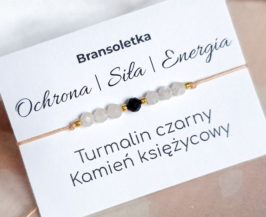 Bransoletka kamienie naturalne talizman kamień księżycowy turmalin czarny ochrona siła energia rękodzieło minerały