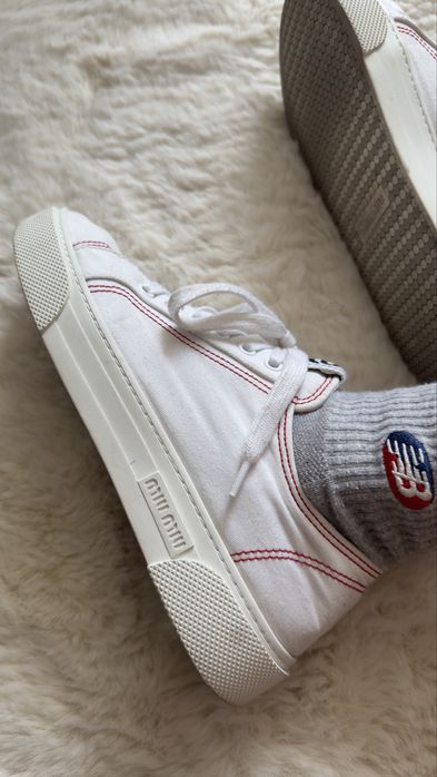 Miu Miu White Canvas Web Logo Red Stitch Lace Up Platform Sneakers