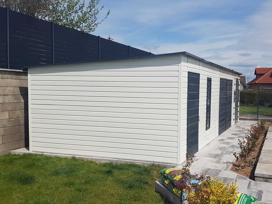 Domek ogrodowy 8×4 m + wiatka + Okno premium + Drzwi – biały/grafit