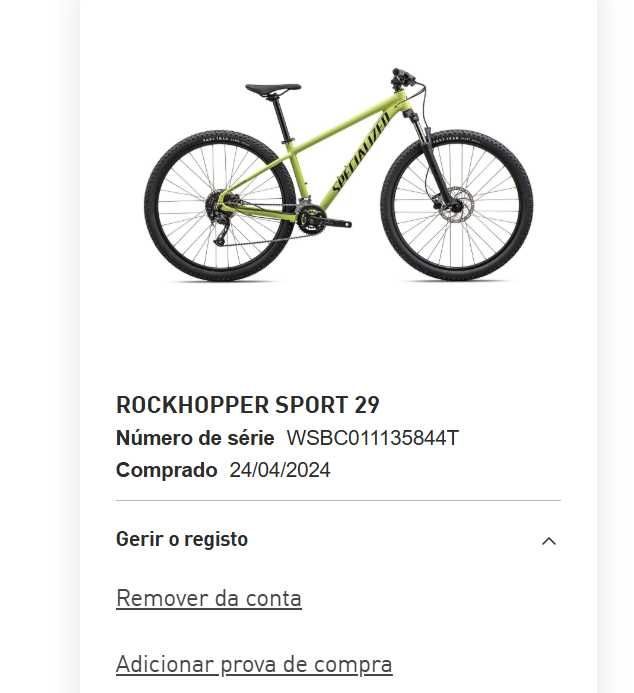 Vendo uma bicicleta nova  Specialized Rockhopper  Sport 29 Número de série  WSBC011135844T  Comprado  24/04/2024