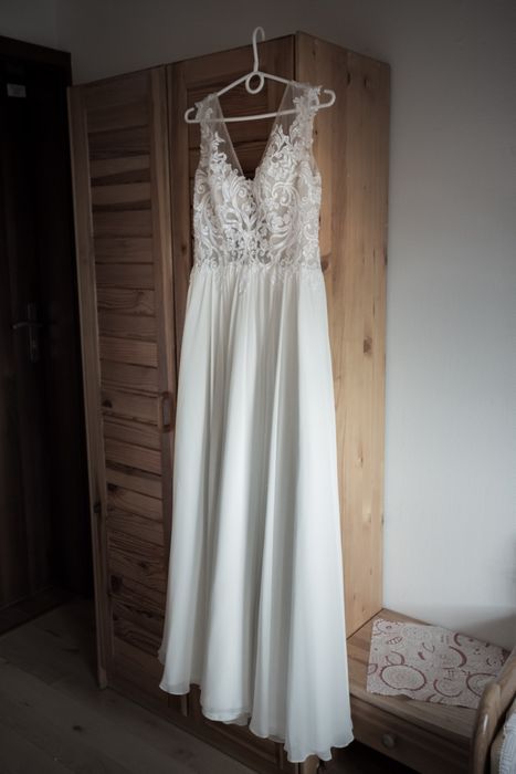 Suknia ślubna herms bridal aprille 38 m śmietankowa muślin koronka