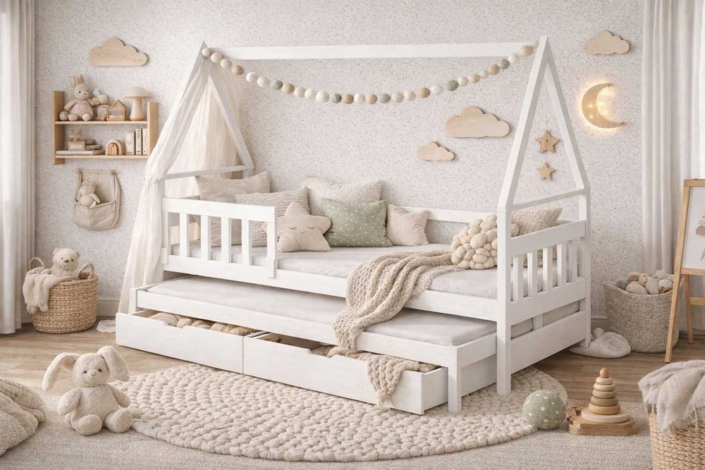 Łóżko Domek 2 osobowe z wysuwanym spaniem, materace 160x75 lub 180x75