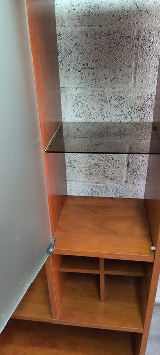 Belíssimo móvel estante em madeira com prateleira e porta em vidro.
Ex